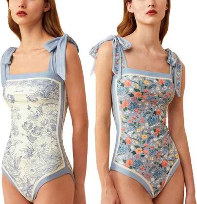 Trajes de Baño Mujer Completo Bañadores Sexy con Control de Barriga Reversibles con Corbata Hombro Estampado Vintage para Playa Surf Nadar