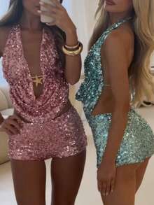Women Sequin Outfit Halter Neck Sleeveless Open Back Tie Tops Low Rise Mini Tight Shorts 2 Piece Set - Blue - View 5