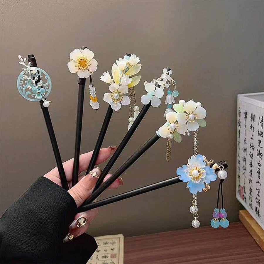 手工木质莲花流苏发簪,简约发髻固定器,新款中式旗袍汉服发饰,发髻延长器,发夹,头饰,女士发饰 - 蓮花 - 查看 1