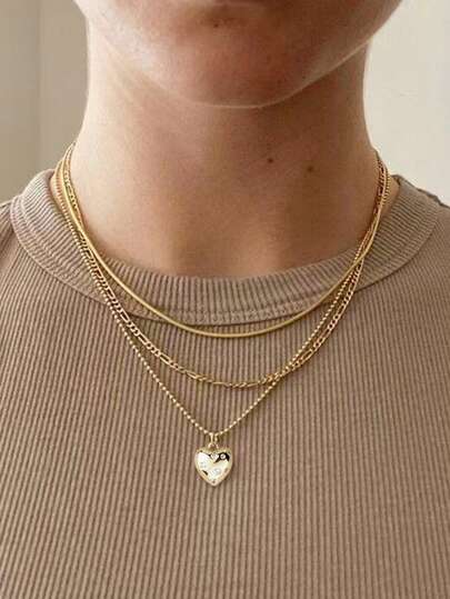 Tkool 3 件套多层铜串珠链心形方晶锆石吊坠项链套装，优雅设计，适合女士