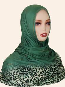 1pc Women's Fashion Muslim Scarf Hijab With Rhinestone, Leopard Print Gradient Color Long Shawl Wrap, Elegant Malaysian Headscarf
