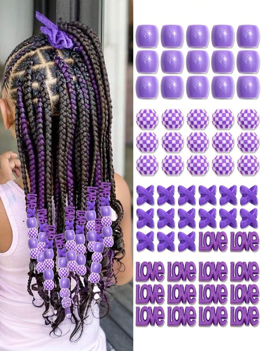 Set de 60 piezas de accesorios para el cabello de niñas con trenzas, diseños a cuadros cruzados, diseños de amor, decoraciones para el cabello de estilo callejero punk rock lindo - Multicolor - Ver 1