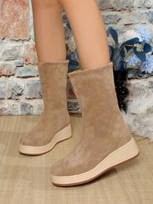 Women's Mid-Calf Boots, New Design, Thick Sole, Wedge Heel, Waterproof Platform, Suede Fabric, Solid Color, Slip-On, Fashion & Comfortable, Plus Size - Khaki - View 3