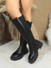 2025 New Uniform Boots For Women, Round Toe Thick Heel Mid-Calf Boots With Rear Zipper, Waterproof Platform Design, Suitable For All Seasons, Black Knee-High Boots For Daily Outdoor Commute, Fashionable Women's Long Boots, Elongating Legs