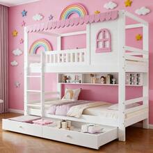 Rosa-Weißes Etagenbett mit Vorhängen – Sicherheitsgitter, 2 Rollschubladen & offenem Regal (Kiefer/MDF, 90x200 cm) – Spielbett mit Fenstern & Extra-Stauraum