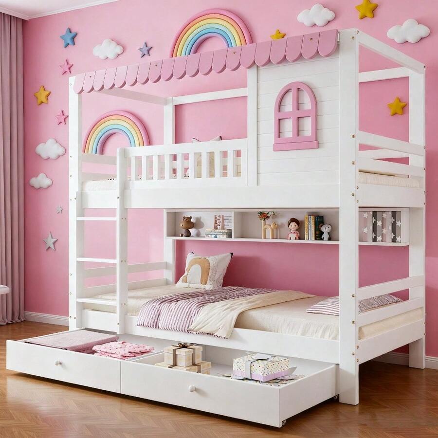 Rosa-Weißes Etagenbett mit Vorhängen – Sicherheitsgitter, 2 Rollschubladen & offenem Regal (Kiefer/MDF, 90x200 cm) – Spielbett mit Fenstern & Extra-Stauraum