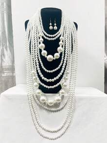 1 Set Multi-Layer ABS Pearl Necklace, White Jewelry, Luxury Gift For Women, Suitable For Party, Wedding, Prom, School - White Ten-layer Exaggerated Heavy Necklace - View 4