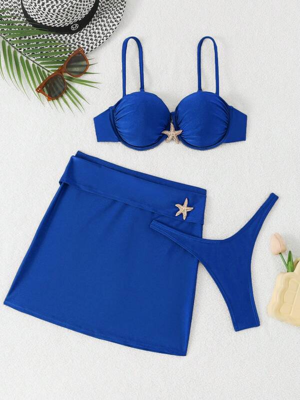 KEKE VEST Conjunto de Biquíni com Saia e Detalhe de Estrela do Mar 2025 XX546