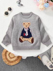 Girls Sweater Fashion Jacquard Cartoon Bear Embroidery Round Neck Long Sleeve Knitted Warm Elastic Cute Elegant Simple Pullover Knitwear Suitable For 4-12 Years Old Children Casual Versatile Top, Autumn/Winter New - Grey - View 1