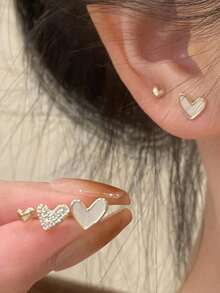 3 pares/set de pendientes de aro con forma de corazón versátiles y de moda, conjunto de pendientes dulces para niñas, pequeños pendientes minimalistas y lindos (sin tarjeta) - Multicolor - Ver 4