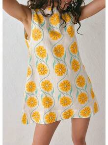 Women 2025 Summer Sleeveless Floral Short Shift Cotton Linen Loose Dress, Style - Màu vàng - Xem 2