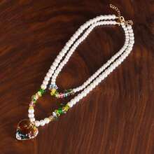 2pcs/Set Natural Crystal & Faux Pearl Double Layer Necklace, Symbolizing Hope And Optimism, Women's Jewelry Gift (Pendant Design/Shape Random)