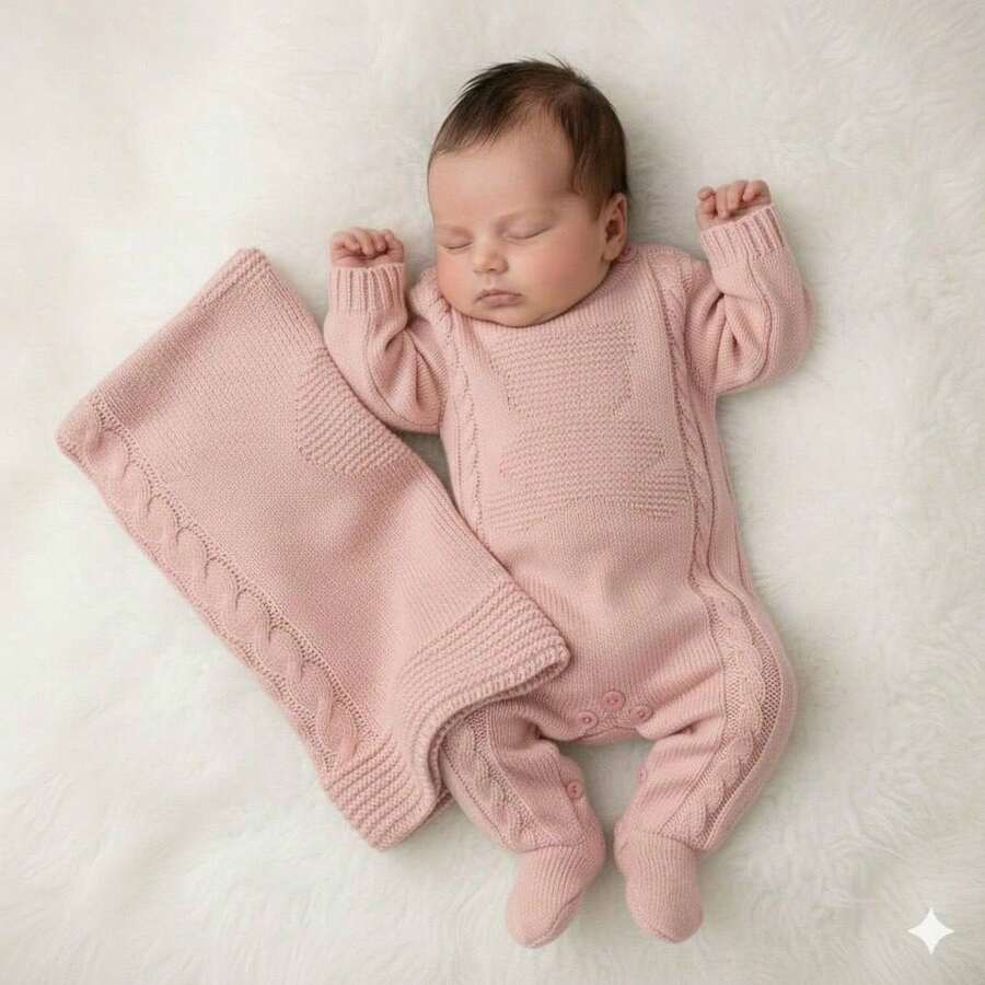 3-Piece Unisex Maternity Outfit Kit: Fluffy Jumper With Romper, Blanket And Hat - Baby Pink - View 1