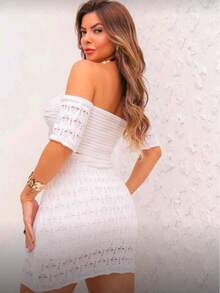 Conjunto cropped e saia estiloso e elegante  Simples    Malhado  Vazado / cortado - Branco - Visão 3