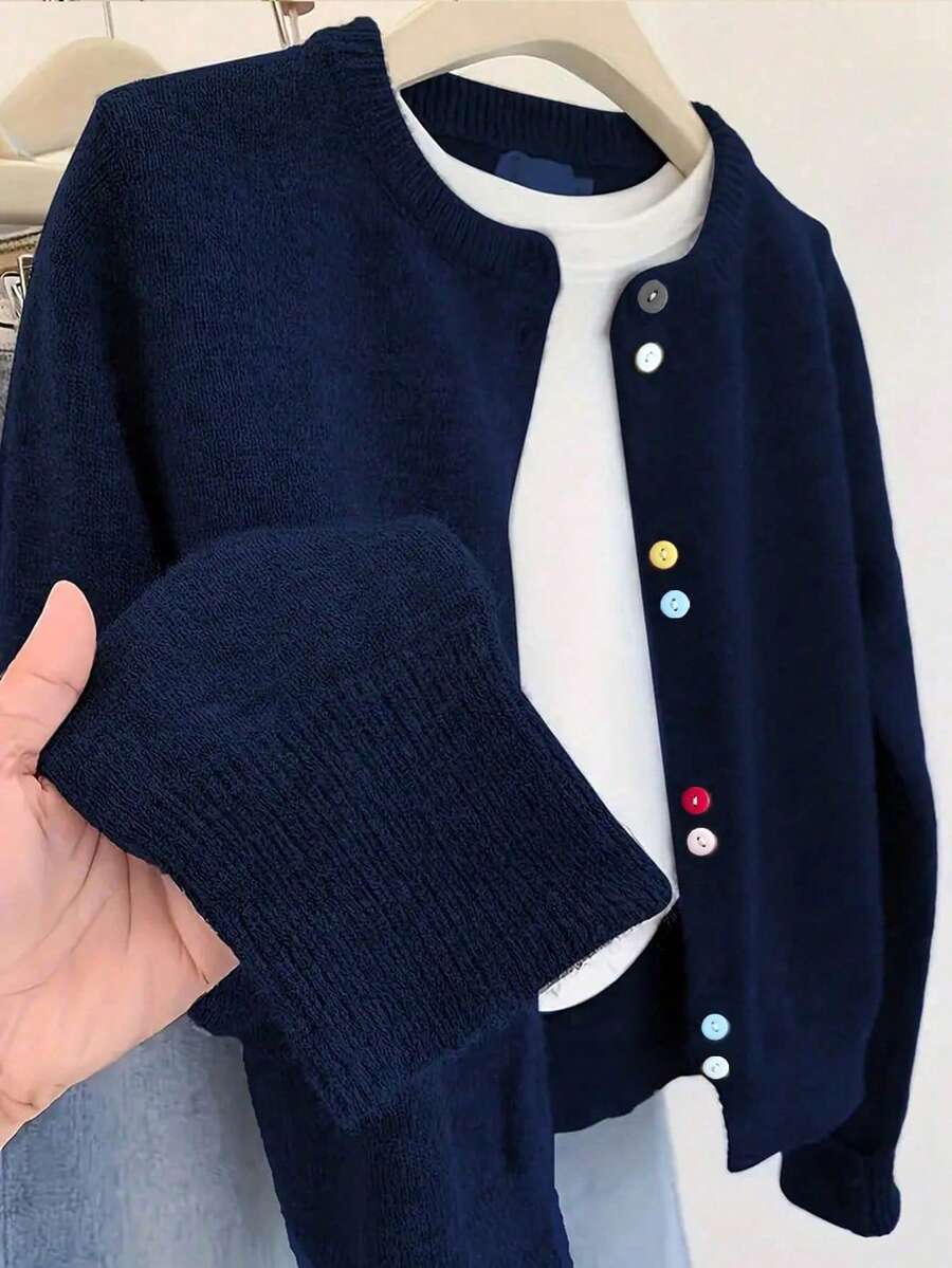 Women's Round Neck Long Sleeve Cardigan, Decorated With Colorful Buttons, Made Of Polyester Fabric, Medium Stretch, Regular Length - Navy Blue - View 1