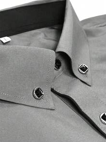 Men's Solid Color Long Sleeve Single-Breasted Casual Dress Shirt - Grey - View 3
