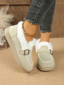 Minimalist -On-On Snow Boots, Women's Black & Brown Suede Boots With Soft Lining And Buckle Decor, Cloud-Like Comfortable Winter Boots - Beige - View 2