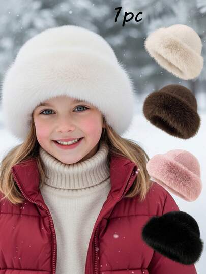 1pc Kids Plush Hat, Warm For Daily Use, Boys & Girls, Autumn/Winter, Suitable For Older Children