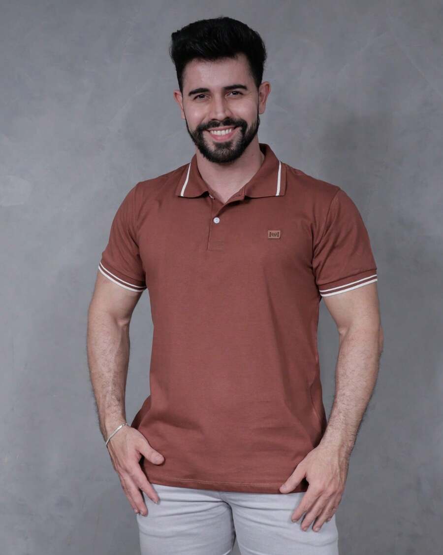 Stylish Men's Brown Polo Shirt, 100% Cotton, Regular Length, With Contrasting Details On The Cuffs And Collar - Rỉ Nâu - Xem 1