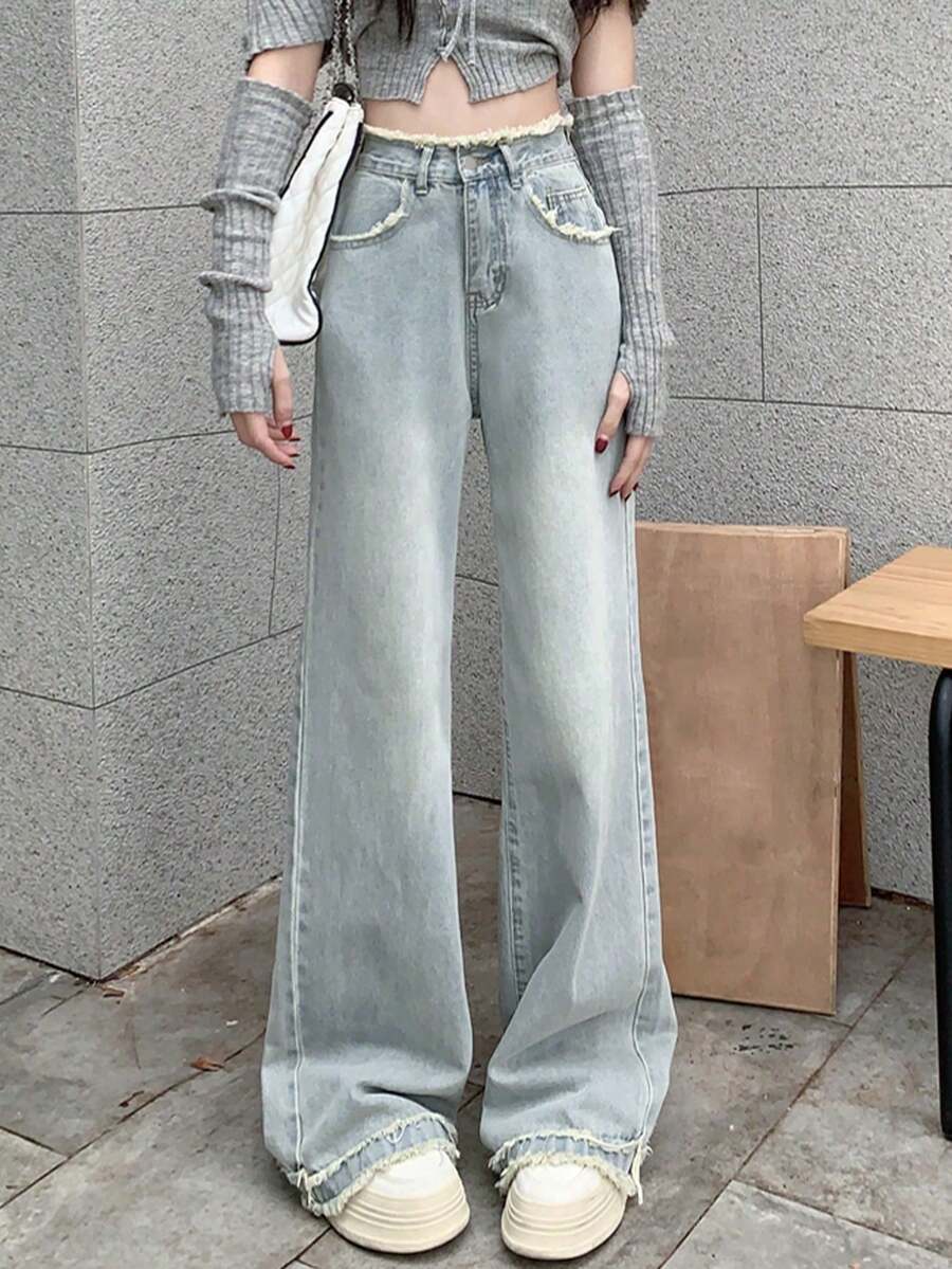 高腰流苏下摆喇叭修身百搭女式牛仔裤，休闲春季款 - 藍色 - 查看 1