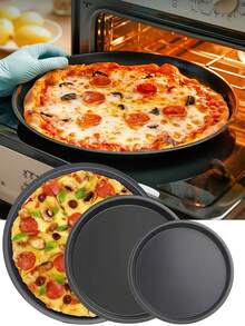 1pc/3pcs 12-Inch Black Carbon Steel Pizza Pan, Pizza Baking Tray, Non-Stick Pizza Mold, Suitable For Pizza, Cake, Bread, Roast, With Holes, Round Baking Tray, Oven Tray, Pizza Plate, Pizza Mold, Baking Set