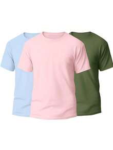KIT 3 Basic Plain Men's T-Shirts 100% Cotton 30.1 - 淡藍色+淡粉紅+軍綠色 - 查看 2