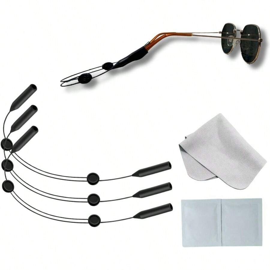 AKAM - Juego de 3 correas para lentes, correa ajustable para lentes de sol, sujetador de lentes, 1 pao reutilizable para lentes y 2 toallitas hmedas desechables, retenedores de lentes - inicial - Ver 1