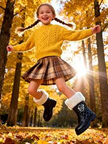 2024冬季新款女童复古菱形毛绒短靴，黑色PU亮面仿毛皮翻边厚底雪地靴，金属装饰防滑保暖靴，日常、校园、派对、冬季郊游必备 - 备受好评的舒适儿童靴 - 黑色 - 查看 20