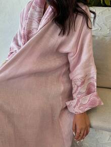 Women's Elegant Fashionable Cashew Floral Print Long Robe Dress, Charming Middle Eastern Arabic Style Abaya Robe (Headscarf Not Included) Pink Spring - Pink - View 4