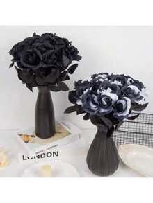 10pcs Artificial Black And White Roses Bouquet, Plastic Gothic Fake Flowers For Wedding, Halloween Decor Realistic Rose Stem For Home Office Display