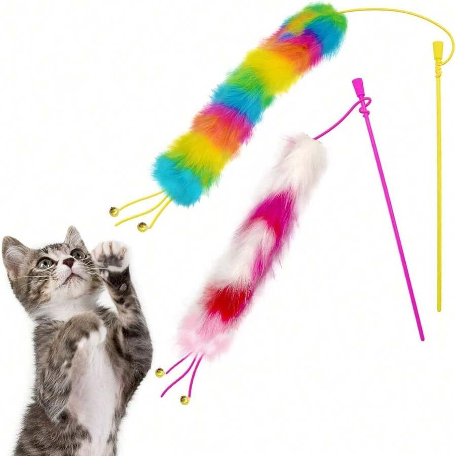 3 Pack Cat Wand Toy, Rainbow Cat Feather Toys With Bells, Teaser Wand With Soft Furry Tail, Interactive Toys For Indoor Cats & Kitten & Kitty - D-黃色&玫紅色-2件 - 查看 1