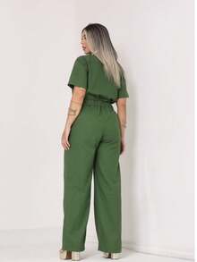 Long Linen Jumpsuit, Elegance, Luxury - xanh quân đội - Xem 3