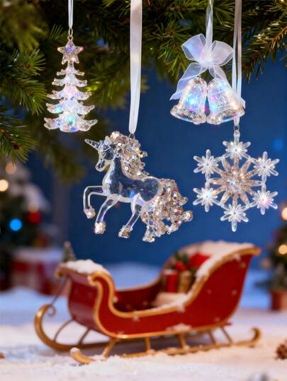 1PC Christmas Ornament, Christmas Tree Pendant Champagne Glitter Glitter Transparent Acrylic Christmas Snowflake/Christmas Bell/Unicorn/Christmas Tree Ornament With Pendant, Suitable For Christmas Day Holiday And Family Party Decoration, Can Also Be Used As Christmas Gift (With Rope)Christmas Christmas Decorations Home Christmas Tree Decoration Christmas Gifts Personalised Gifts