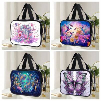 Kit de mosaico faça você mesmo com 1 peça de cristal e diamante, bolsa de cosméticos com pintura de diamante, golfinho, pássaro, carpa, padrão de borboleta, bolsa de cosméticos transparente de grande capacidade para PET - Bolsa de maquiagem portátil para viagem com zíper - Caixa de armazenamento de cosméticos multifuncional