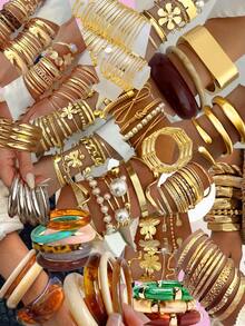 Vintage Elegant Retro Coin Design 1-25pcs/Set Metal Geometric Asymmetrical Hollow Line Wrapped Flower Carved Textured Wide Bangle Bracelet, Exaggerated Hiphop High-End Jewelry For Women Men Couples, Ideal For Vacation, Party, Date, Holiday Gift, Daily Matching, Halloween, Christmas, New Year (Random Style) - Multicolor - View 14