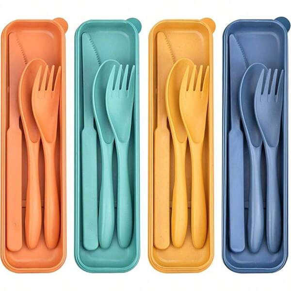 Set de 3 piezas de cubiertos de viaje reutilizables con estuche, cuchillo, tenedor y cuchara portátiles, vajilla adecuada para niños y adultos, viajes, picnics, camping