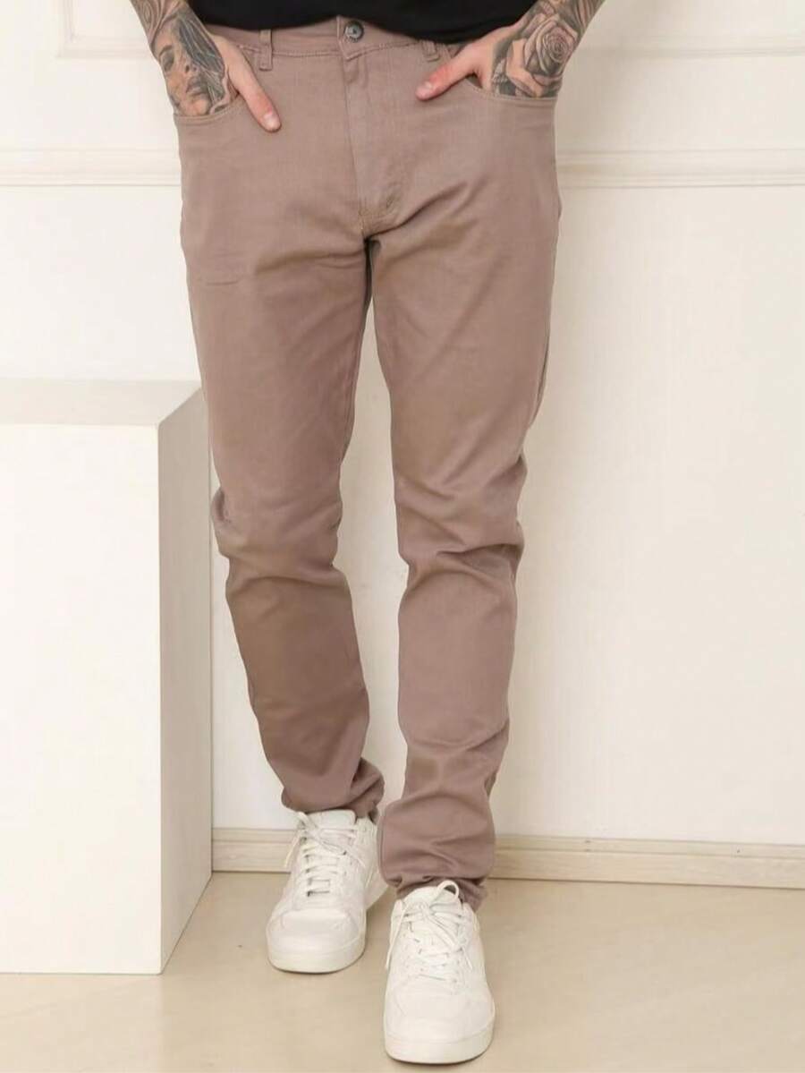 Men's Slim Fit Lycra Dress Pants With Built-In Pocket - Khaki - View 1