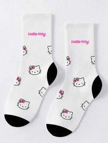 Sanrio 1 Par de Meias Cano Médio Femininas, Meias Brancas de Desenho Animado de Alta Qualidade, Meias Casuais para Casa, Meias Macias e Confortáveis, Meias Estudantis