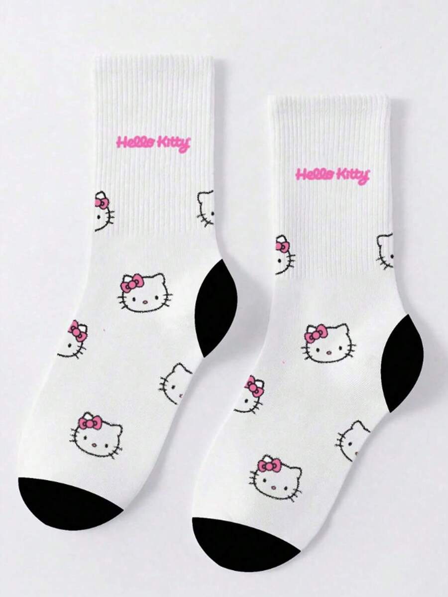 Sanrio 1 Par de Meias Cano Médio Femininas, Meias Brancas de Desenho Animado de Alta Qualidade, Meias Casuais para Casa, Meias Macias e Confortáveis, Meias Estudantis