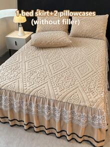 3件套秋冬厚实保暖 - 奢华欧式法兰绒蕾丝床上用品套装（1件床裙+2件枕套），蕾丝边装饰，时尚优雅，吸湿排汗，透气，抗皱，安静，可拆卸床垫套 - 歐式-卡其 - 查看 4