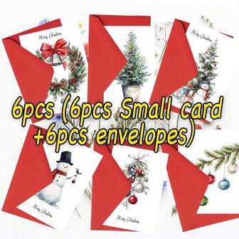6 件简约水彩手绘圣诞贺卡套装，适合生日、感谢、祝贺、万圣节、圣诞节等场合，是送给朋友、家人和同事的完美生日、感谢、圣诞礼物。