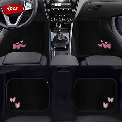 4 件蝴蝶印花汽车脚垫套装、通用汽车脚垫、汽车地毯 - 前后全覆盖汽车内饰配件、水晶天鹅绒汽车脚垫适用于轿车、卡车、SUV、汽车内饰、汽车配件、汽车用品
