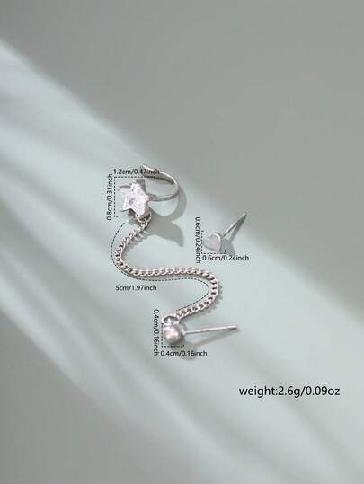 Tkool 2pcs Cute Mini Heart Shaped Stud Earrings With Star & Chain Ear Cuff Set, Fashion Jewelry Accessories For Women