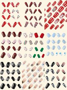 9 confezioni (216 pezzi) Unghie finte di Natale con punta francese, stile Y2K, multicolore, a forma di bara media, sfumature, glitter, lucido, motivi geometrici, fiocchi di neve, cappello di Babbo Natale, cervi di Natale, alberi di Natale, bastoncini di zucchero, motivi a pois rotondi, stile semplice e alla moda, unghie acriliche riutilizzabili, accessori per unghie, inclusi 24 pezzi di linguette in gel e una mini lima