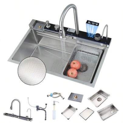 Kit Pia  Cascata Gourmet Zenith Cozinha Inteligente Smart Led Multifuncional Torneira Monocomando Lavador De Copos E Acessórios Completa De Aço Inox 304 Premium 75x45cm Cor Prateado WINDA