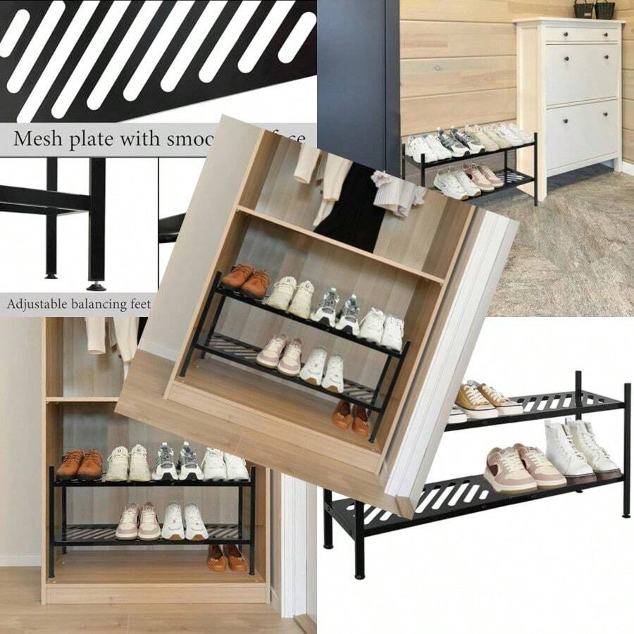 Nijoam Shoe Rack - Metal Shoe Organizer 2 Tier Shoes Shelf Storage 35 Inches Stackable Long Show Stand Holder For Closet Entryway Garage Floor Door Entrance Black