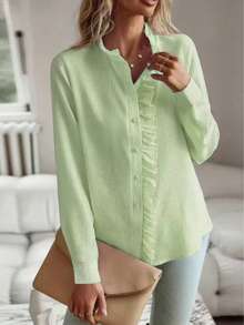 Damen Einfarbige Bluse mit Knopfleiste, plissierter Rüschen-/Volantabschluss