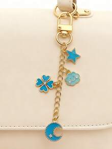 1pc Alloy Starry Sky Theme, Enamel Craft (Blue Tone), Gold Metal Chain, Multi-Pendant (Clover, Star, Cloud, Crescent Moon), Rhinestone Decor, Luxurious Sweet Style, Bag Accessory, Wallet Charm, Bag Decoration & Accessory, Key Chain, Minimalist & Fresh, Suitable For Outings, Women's Gift, Gift For Girlfriend, Birthday Gift, Christmas Gift
