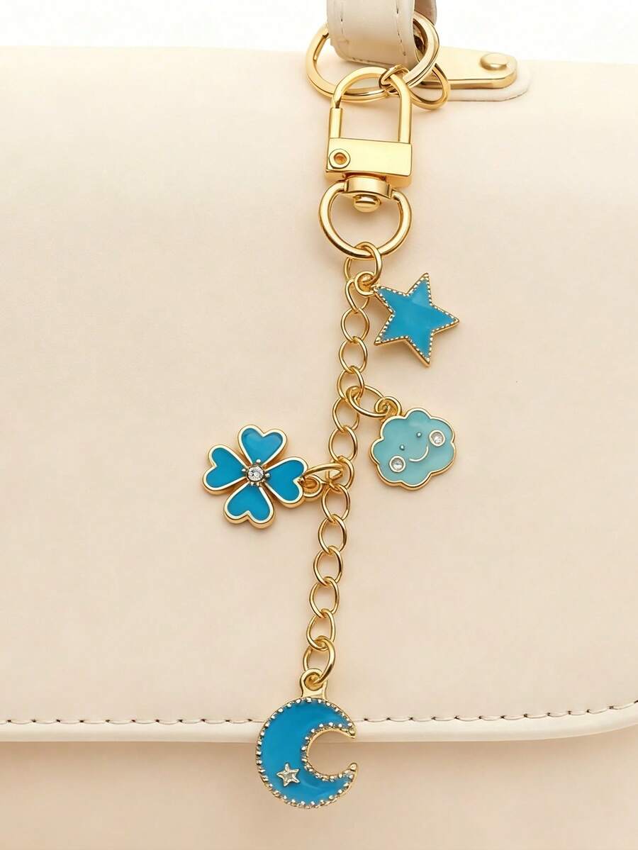 1pc Alloy Starry Sky Theme, Enamel Craft (Blue Tone), Gold Metal Chain, Multi-Pendant (Clover, Star, Cloud, Crescent Moon), Rhinestone Decor, Luxurious Sweet Style, Bag Accessory, Wallet Charm, Bag Decoration & Accessory, Key Chain, Minimalist & Fresh, Suitable For Outings, Women's Gift, Gift For Girlfriend, Birthday Gift, Christmas Gift