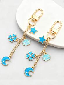 1pc Alloy Starry Sky Theme, Enamel Craft (Blue Tone), Gold Metal Chain, Multi-Pendant (Clover, Star, Cloud, Crescent Moon), Rhinestone Decor, Luxurious Sweet Style, Bag Accessory, Wallet Charm, Bag Decoration & Accessory, Key Chain, Minimalist & Fresh, Suitable For Outings, Women's Gift, Gift For Girlfriend, Birthday Gift, Christmas Gift